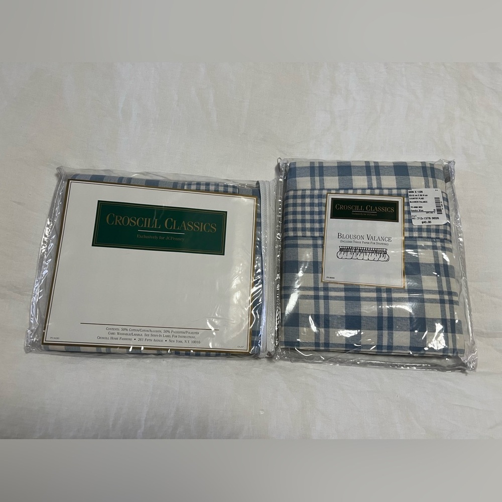 Croscill Classics | Set Of 2 Blue Plaid Blouson Valance Curtains 88” X 15” | NIP